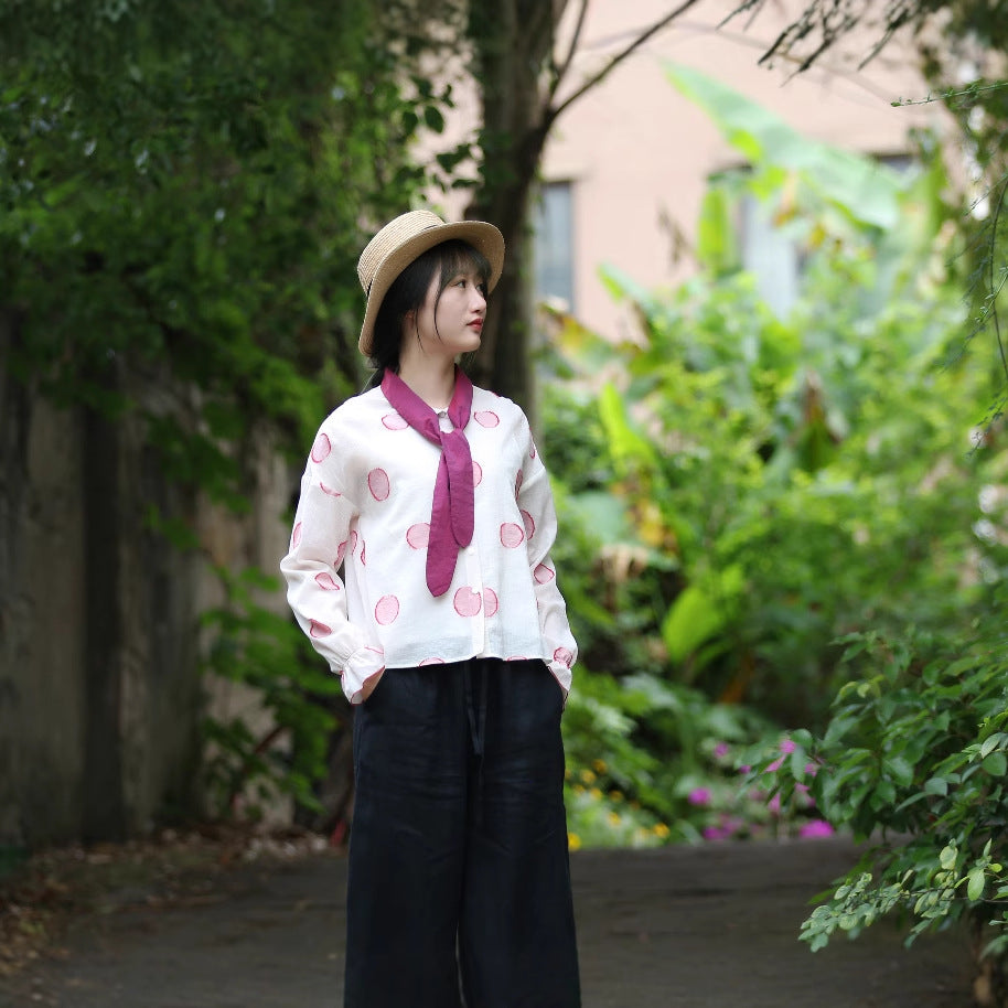 2025 Hangzhou women's clothing, red polka dot cut flower horn sleeve shirt, top sunscreen shirt 20509G, Academy of Literature and Retro.