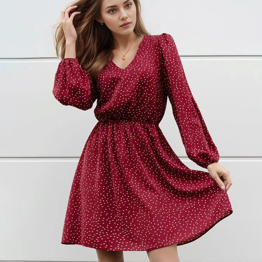 2025 spring wildberries polka dot V-neck bubble sleeve long-sleeved dress New fashion retro short skirt women