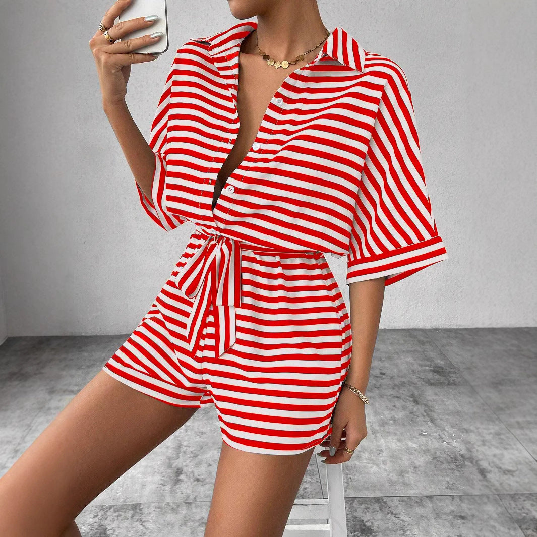 2025 spring and summer Popular trade New striped lapel cardigan button medium sleeve belt shorts set onesie women