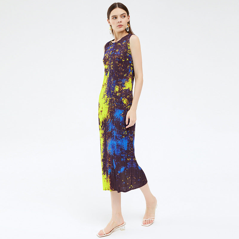 2025 summer new thin starry sky printing dress women's sleeveless temperament elegant medium and long a-word skirt Miyake