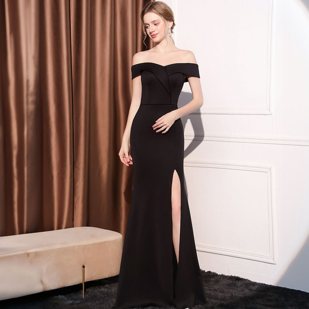 2025 Evening dress women's high-end simple banquet slim shoulder fishtail host dinner party fishtail long dress