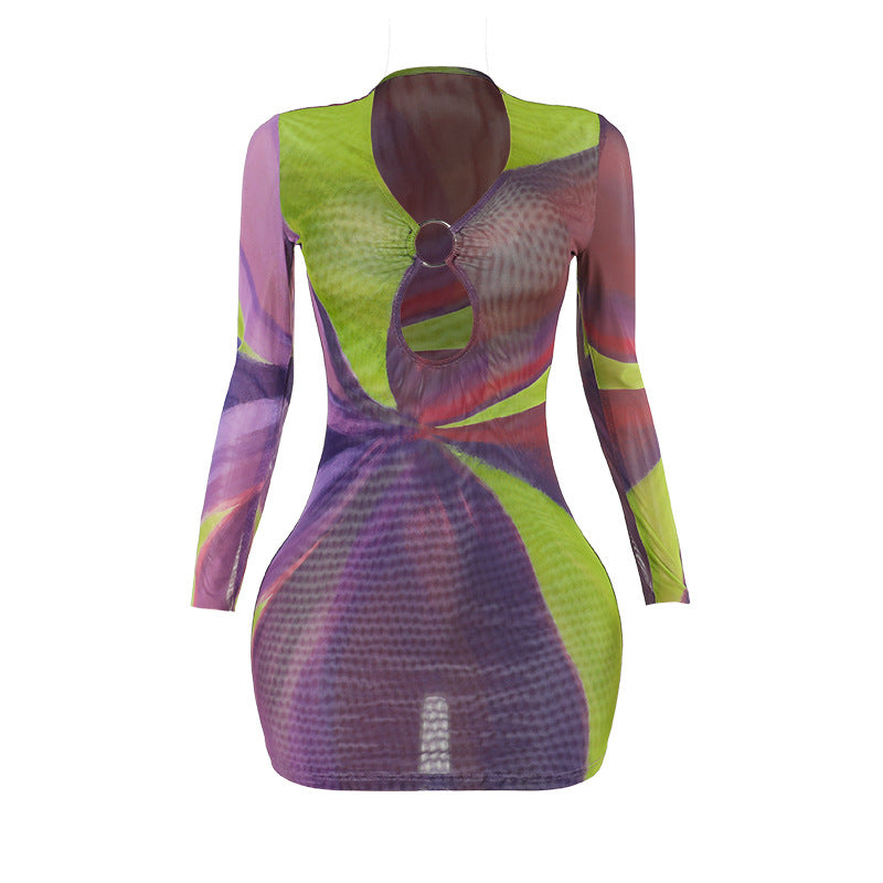 jinran birthday outfit Autumn New Style Hip Skirt Elegant Contrast Color Printed Hollow Ring Long Sleeve Dress Women