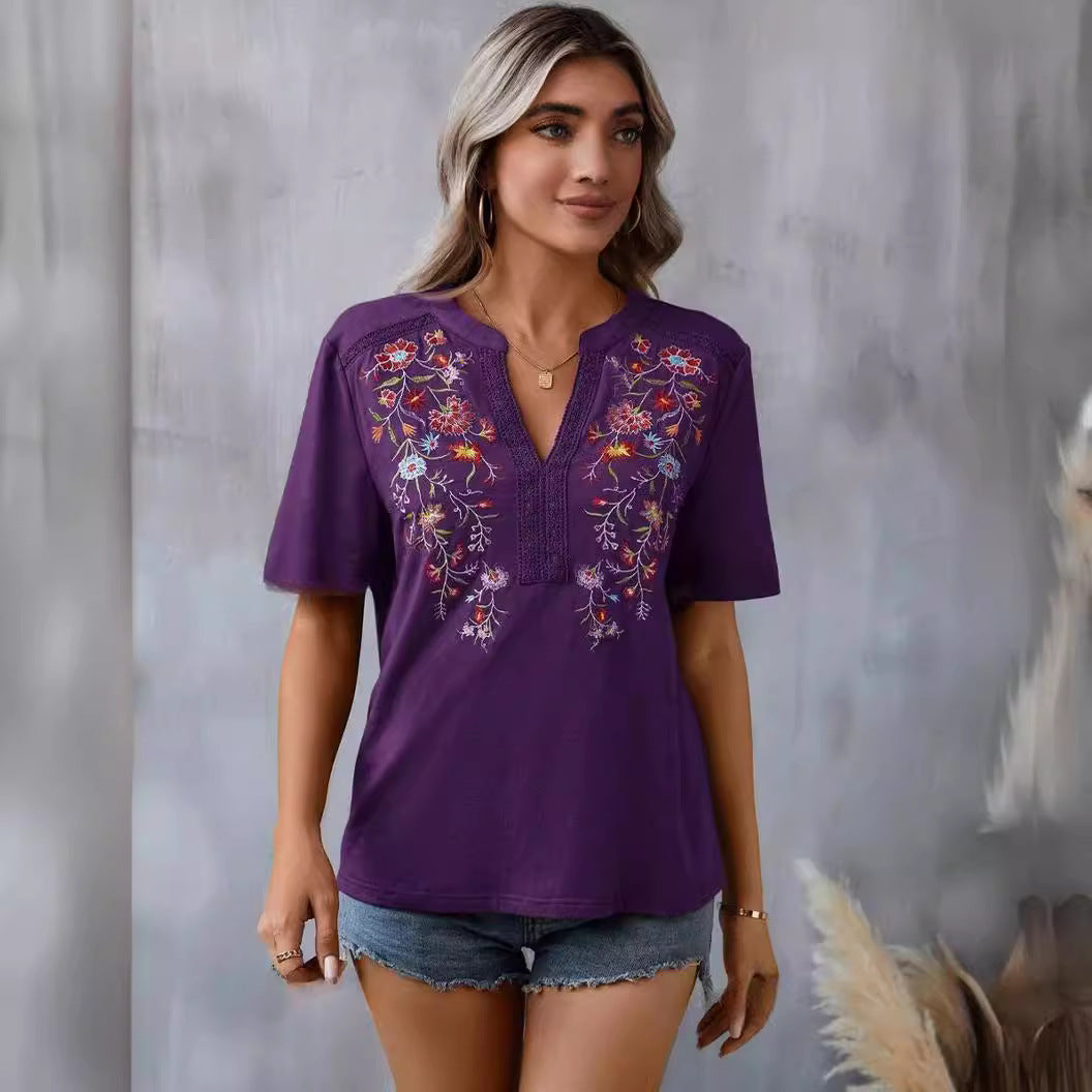 2025 Popular, , New summer new fashion 10,000-needle embroidered splicing lace lace top women's T
