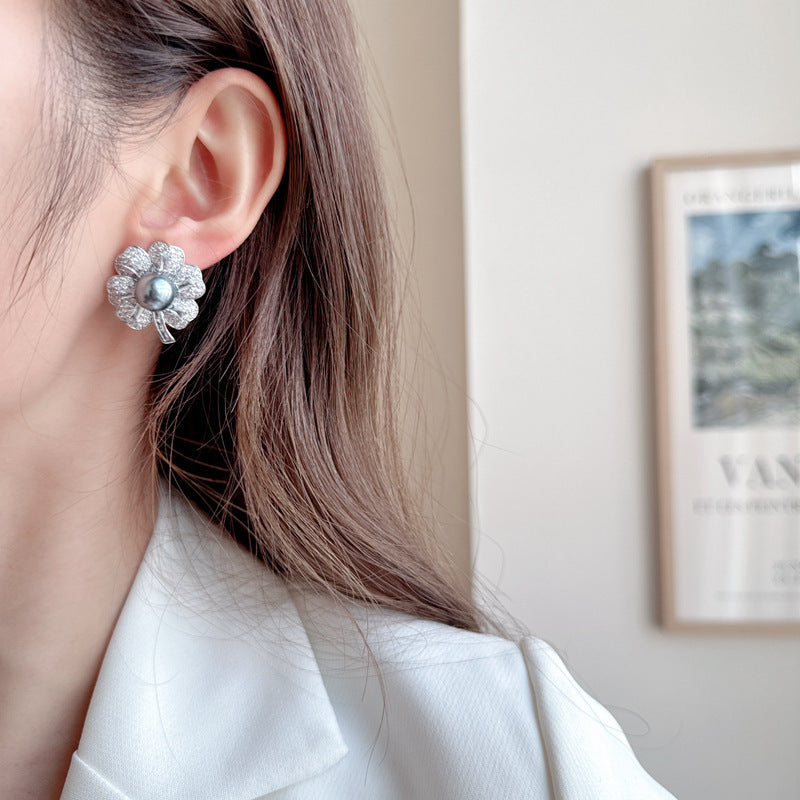 2025 Light luxury fashion s925 silver needle earrings wholesale super fairy Popular atmosphere advanced sense zircon flower pearl big stud earrings