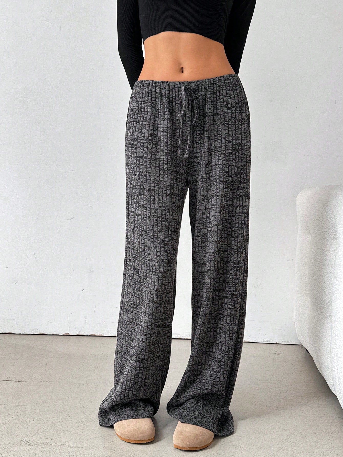 2025 Spring and Autumn New women's clothing new casual striped solid color rubber band pull rope cotton straight pants