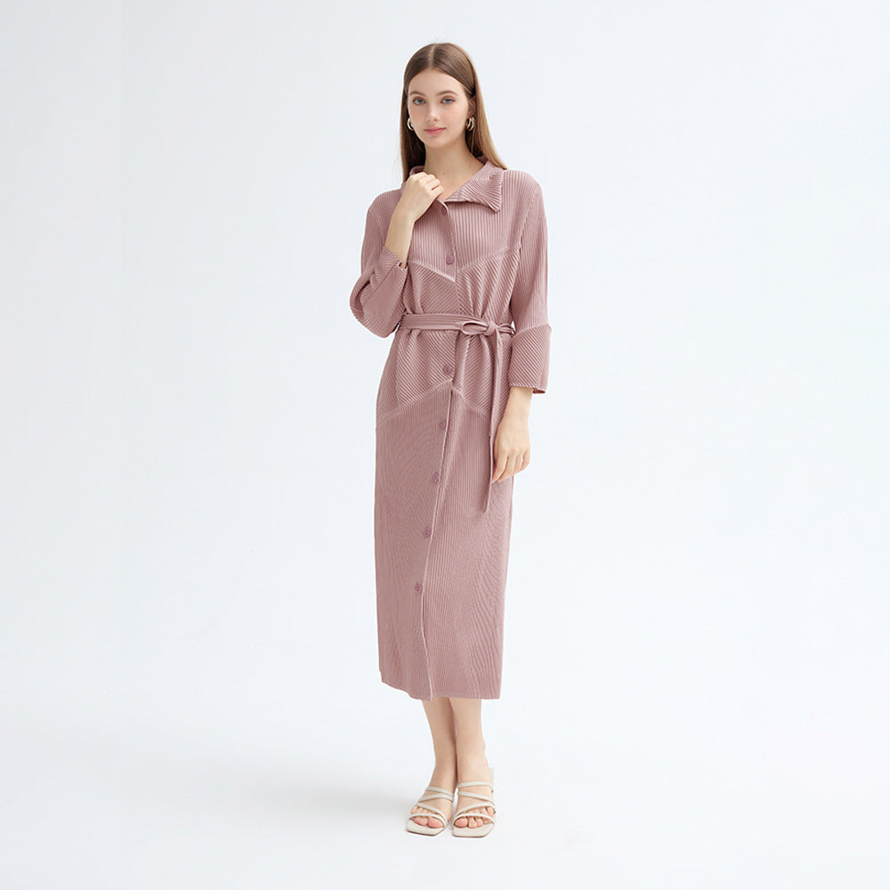 2025 spring new single-breasted long-sleeved lace-up dress medium and long Korean version simple loose pleated A-shaped skirt
