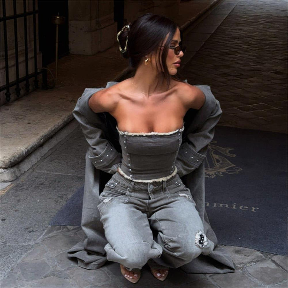 2025 New retro style old Spice Girls denim suit women's clothing high-end spring and summer sexy tube top suit women