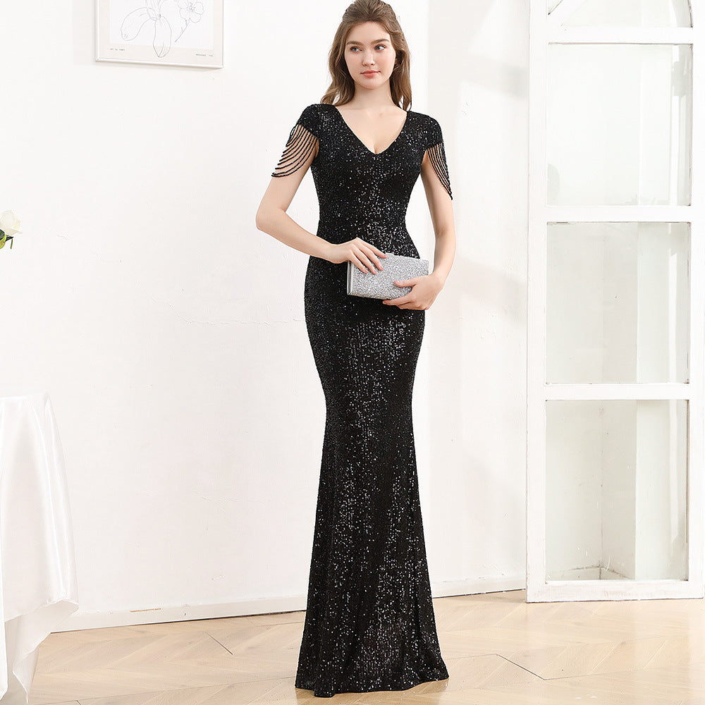 2025 Evening dress dress female black dignified atmosphere host high-end banquet wear sequins thin long fishtail dress