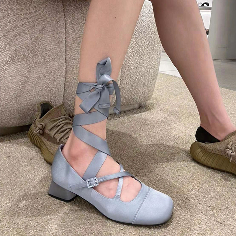 2025 Xiao Qiao same strap satin ballet shoes women's thick heel princess single shoes fairy style Mary Jane women's shoes