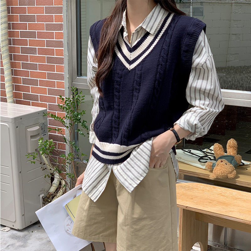 jinran winter outfits Preppy Style Contrast Color V-neck Knitted Vest Women's Clothing Autumn New Design Sleeveless Sweater Vest Top Outer Wear