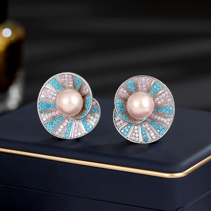 2025 s925 silver needle new style high-grade retro light luxury temperament earrings wholesale zircon pearl design shell earrings