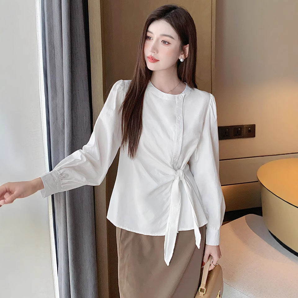 2025 White shirt women's spring clothes new Korean version fashion pleated lace-up cotton long-sleeved casual top Popular trade waist