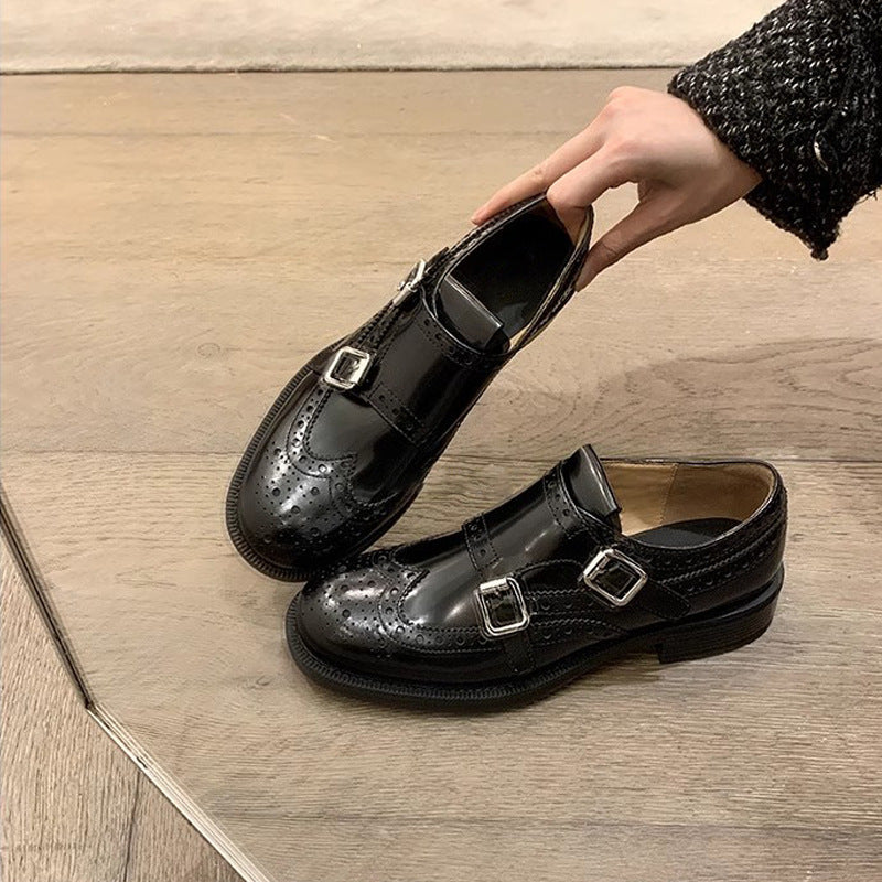 2025 Cowhide version~ Su Yinyin same miu engraved buckle with thick heel temperament versatile Oxford loafer single shoes women's small leather shoes