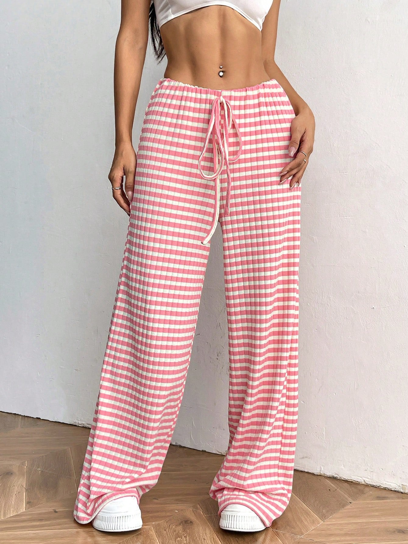 2025 Spring and Autumn New women's clothing new casual striped solid color rubber band pull rope cotton straight pants