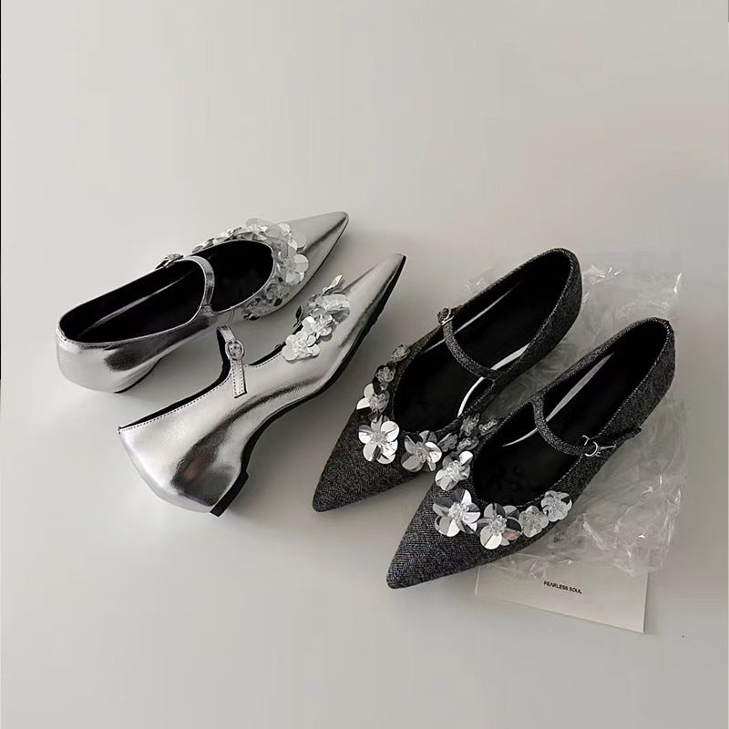 2025 Sheepskin version~ Japanese pointed flower flat shoes sequins 25 new cold smoke one-word buckle Mary Jane ladyshoes