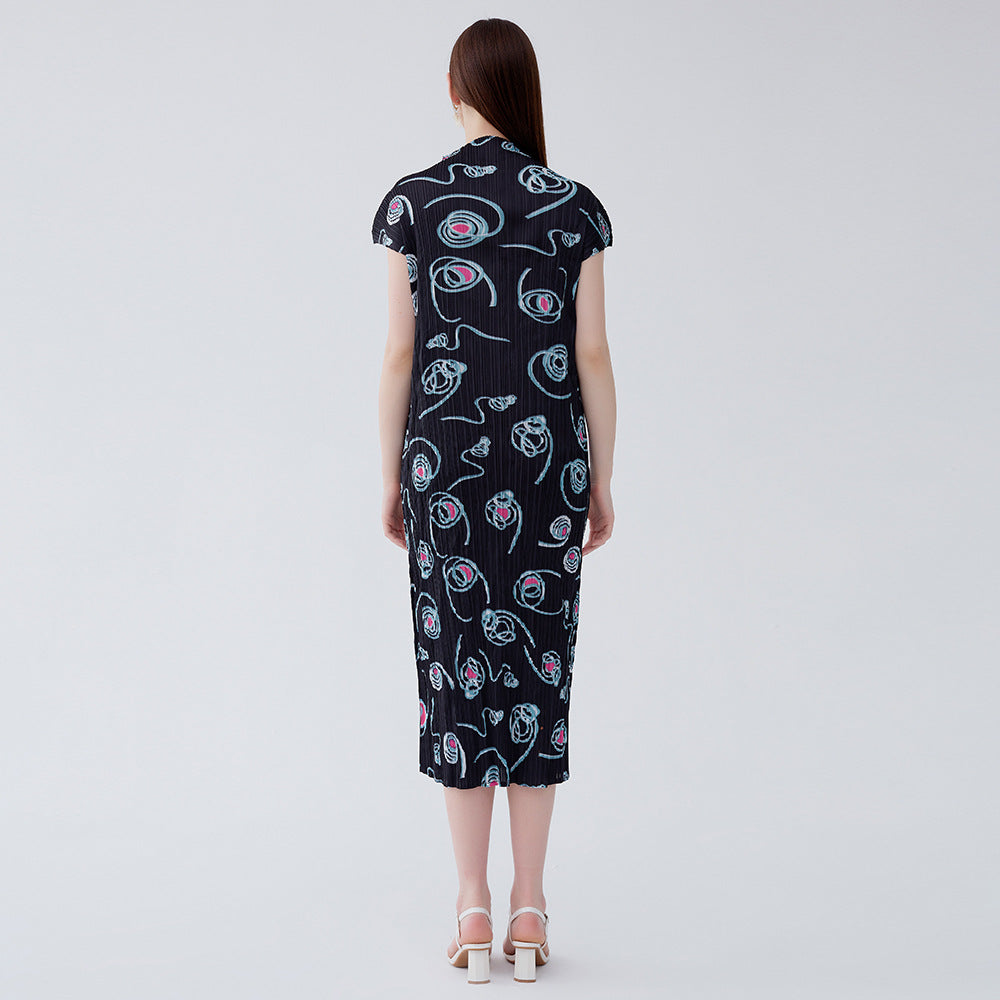 2025 summer new Miyake circle printing temperament high-waisted dress slim-fitting pleated semi-turtleneck A-shaped skirt