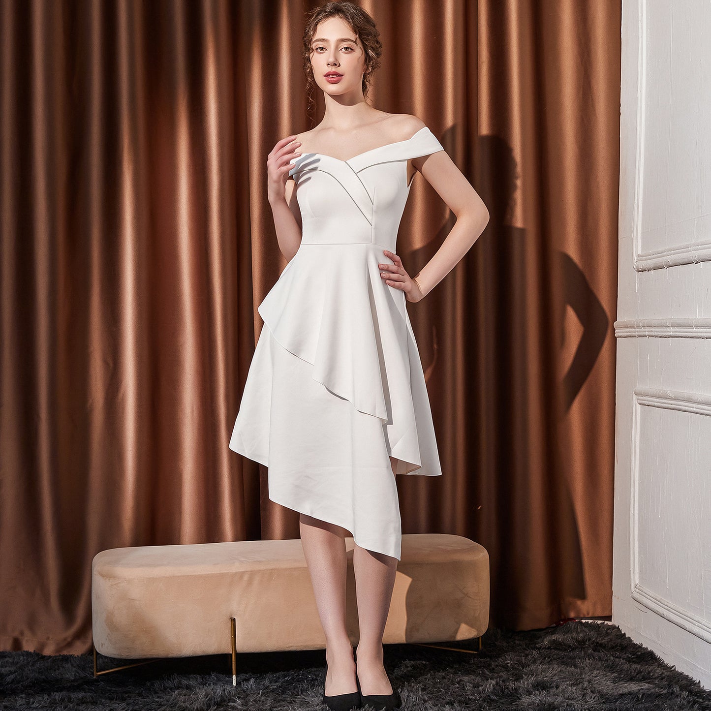 2025 Evening dress female small one-word shoulder medium and long thin company annual meeting host irregular hem dress