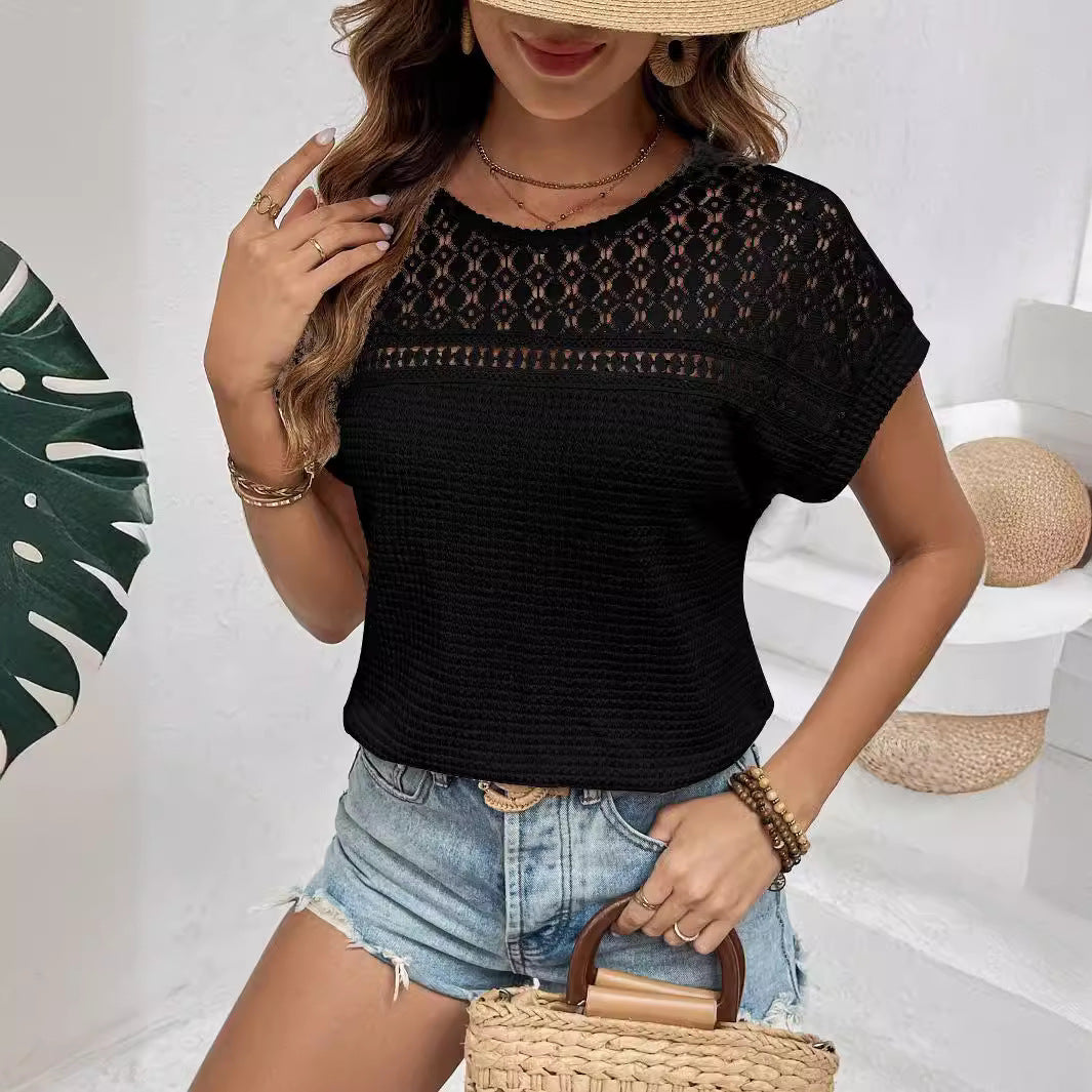 2025 Popular, , New women's clothing summer new top shoulder mesh hollow breathable versatile short-sleeved T-shirt