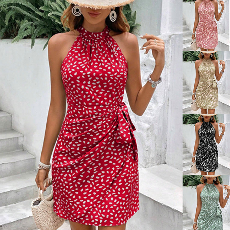 2025 Popular, , New women's clothing summer fashion new neck zipper sleeveless floral pleated short dress