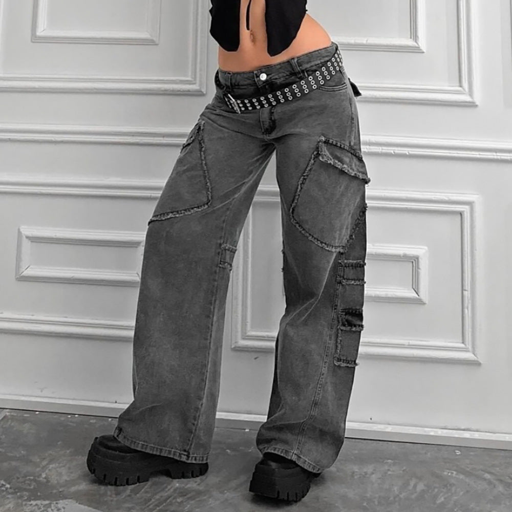 2025 n street style retro multi-pocket design jeans women's spring new Spice Girls old straight pants Popular trade