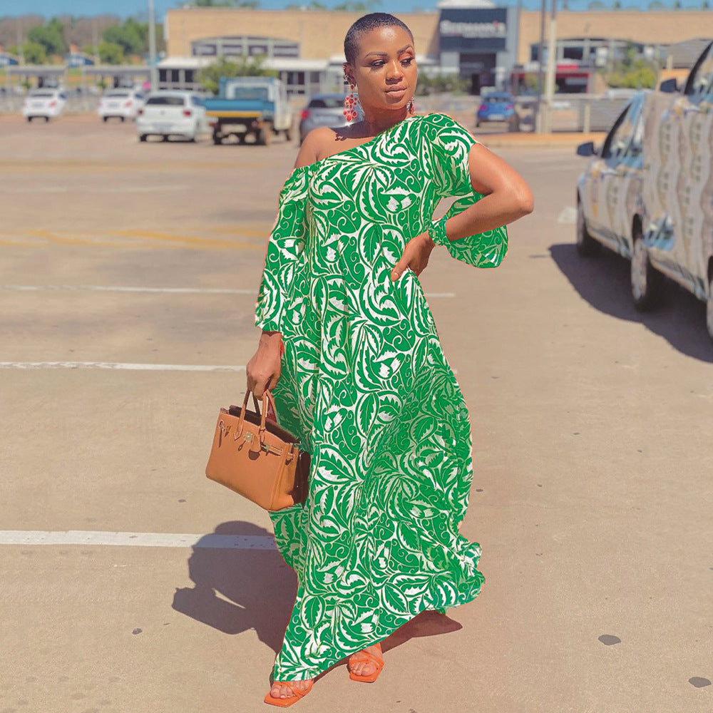 2025 New summer new 2025 women's clothing printed dress slanted shoulder medium sleeve loose sexy long dress dress