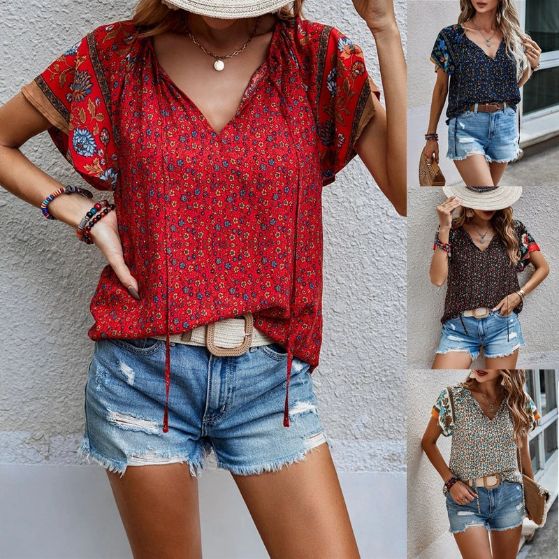 2025 Popular, , New women's clothing summer new casual celebrity style printing V-neck short-sleeved loose shirt