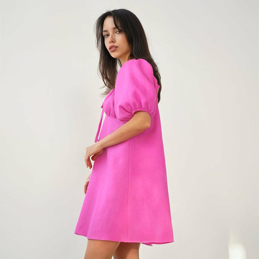 2025 summer new fashion women's doll skirt bubble sleeve bow lace-up design dress women