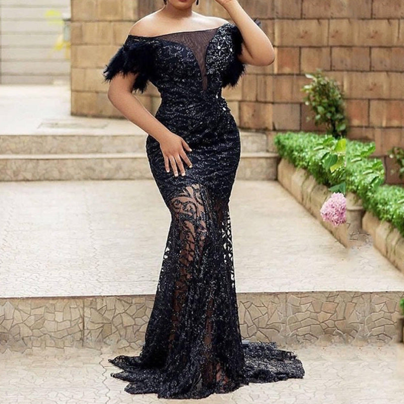 2025 new New 2025 women's clothing dress one-word shoulder sequins slim-fitting buttocks mermaid evening dress