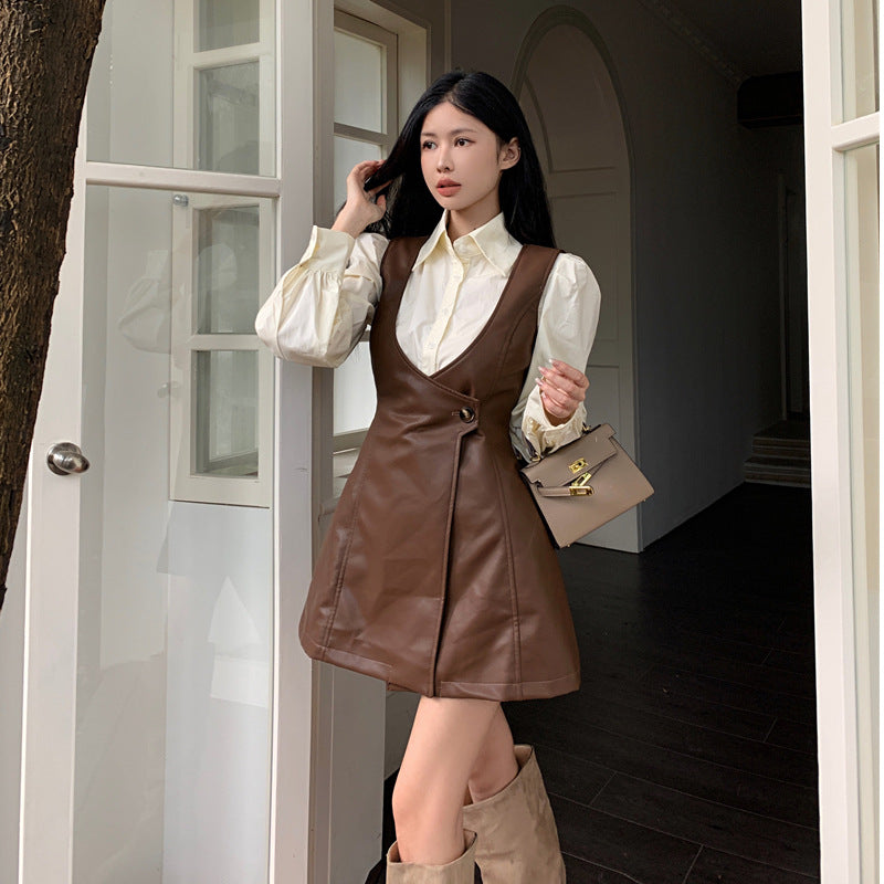 jinran 2024 fall fashion trends French Retro British Style Two-Piece Set Autumn New Fashion All-Match Shirt Top Vest Skirt Dress