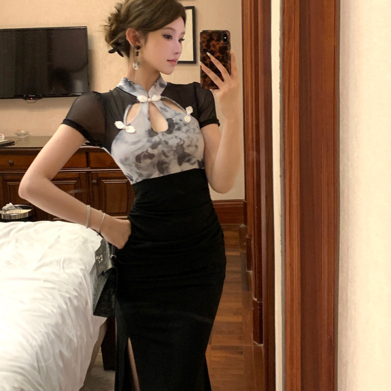 2025 spring and summer new celebrity women's clothing fashion retro improved version cheongsam dress temperament waist splicing skirt
