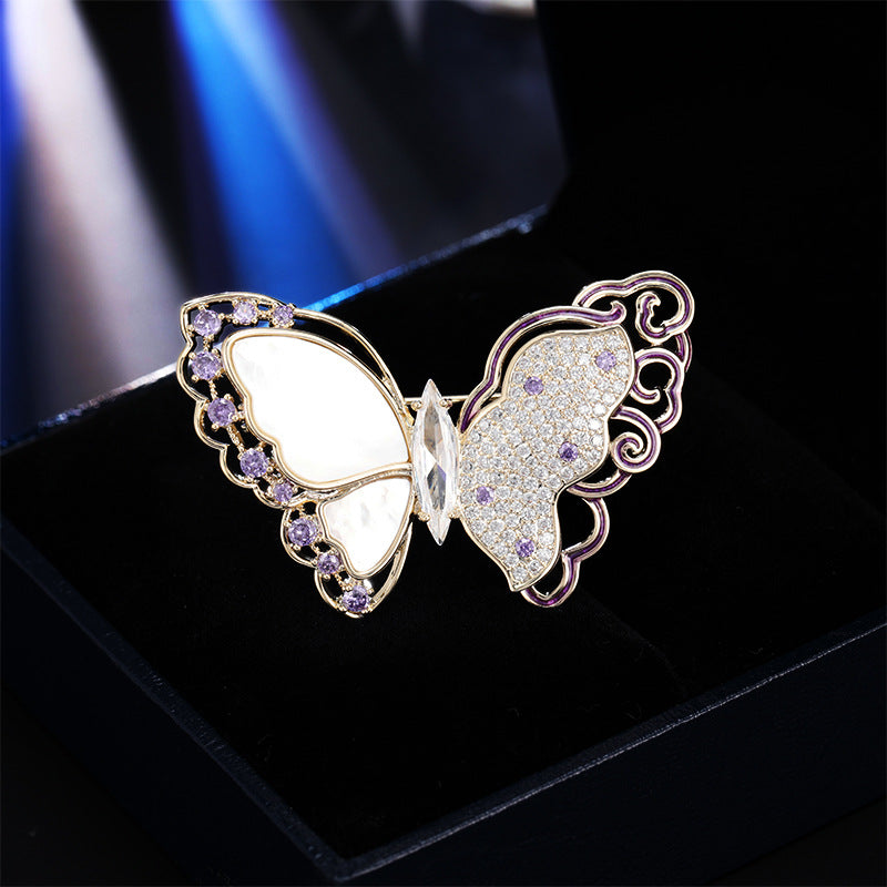 2025 Light luxury retro micro-inlaid zircon oil drop butterfly brooch temperament natural fritillary hollow pattern flower butterfly pin female