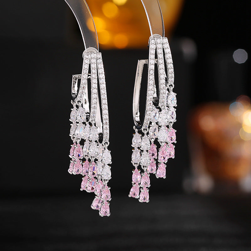 2025 S925 silver needle zircon inlaid dinner dress wedding bride earrings trendy light luxury premium feeling water drop fringed earrings