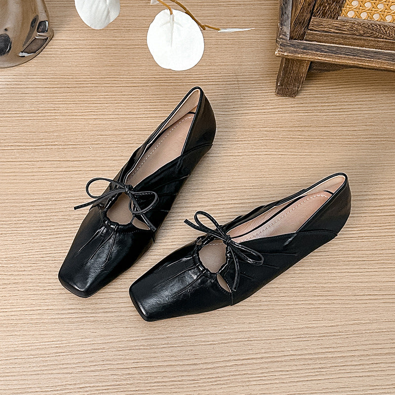 2025 Cowhide version~ pleated hollow Mary Jane shoes bow handmade leather low-heeled single shoes light mouth small leather shoes women