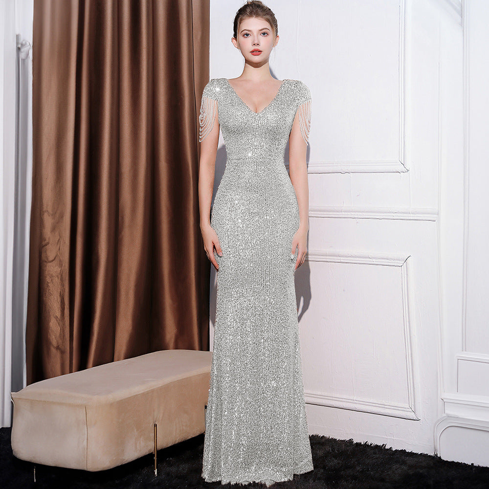 2025 Evening dress dress female black dignified atmosphere host high-end banquet wear sequins thin long fishtail dress
