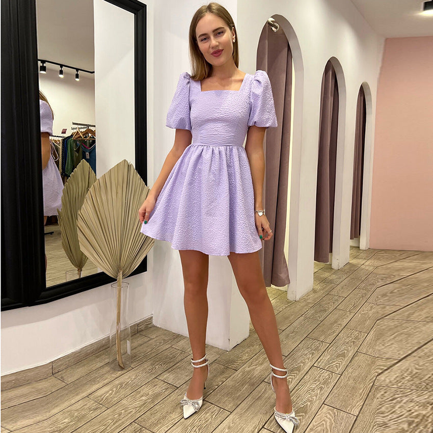 2025 summer new fashion square neck bubble sleeve short skirt design sense temperament jacquard dress women