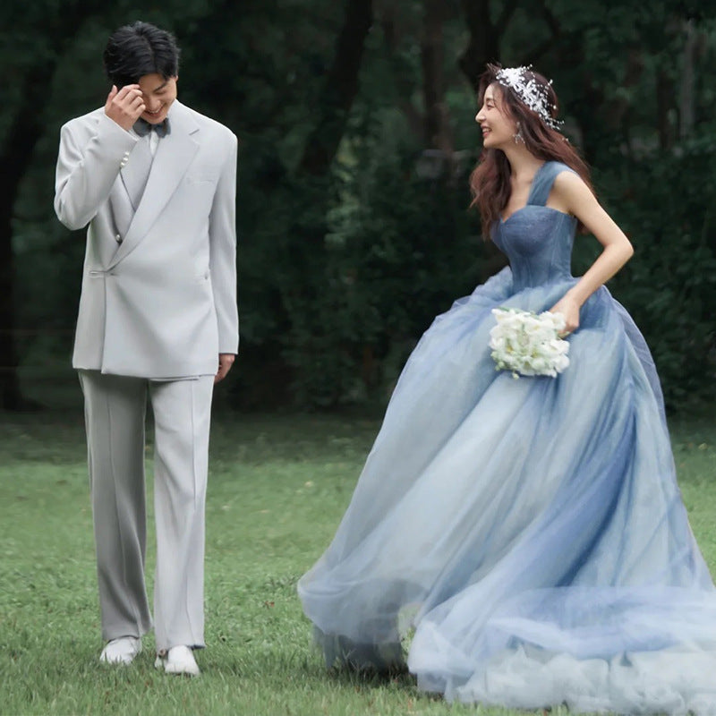 New studio photo theme clothing color yarn 2025 new Mori couple blue wedding dress flower girl lawn dress