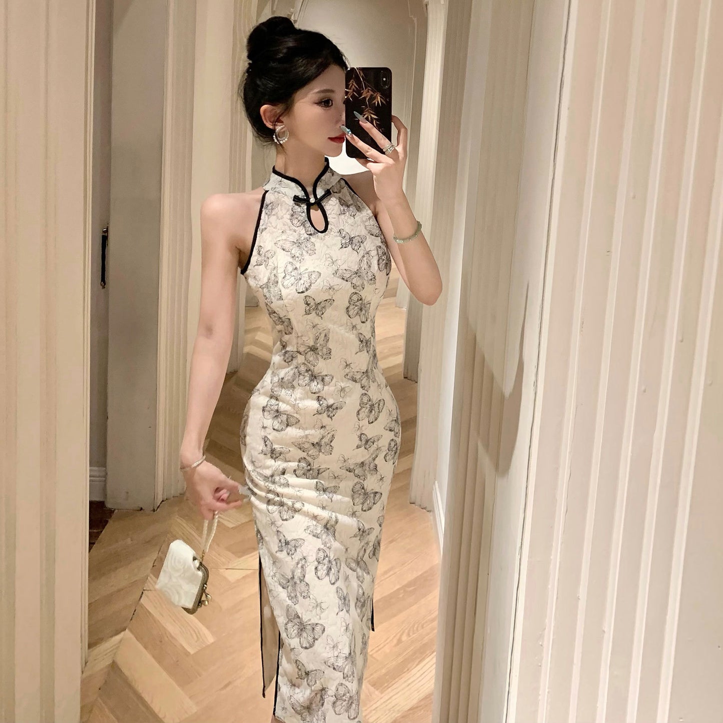 2025 Embroidery warp ink butterfly printing cheongsam dress women's spring and summer new slim retro dress