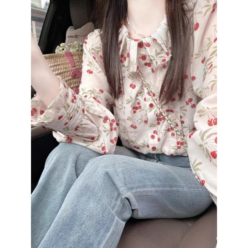 gentle wind ruffle edge doll collar shirt women's spring floral long-sleeved shirt chic temperament shirt top