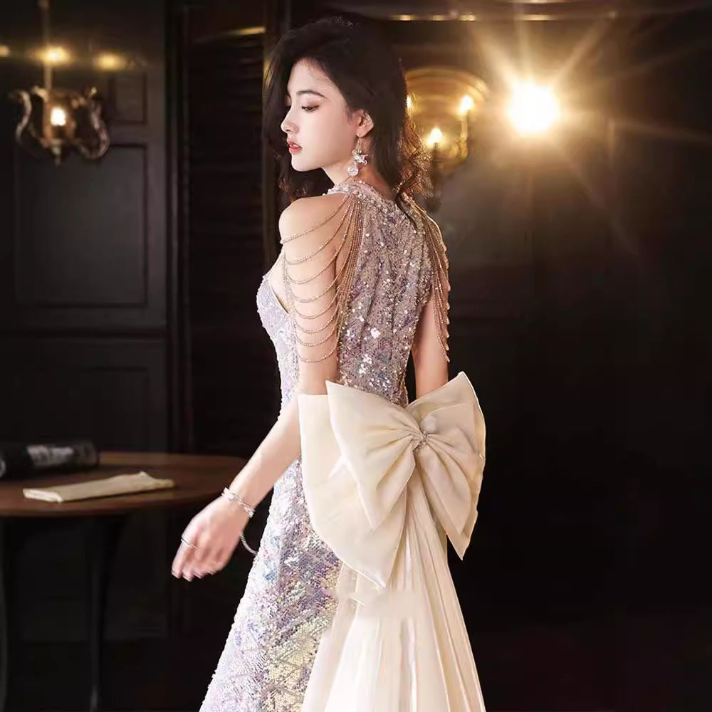 jinran pink dress Banquet Host Evening Dress 2024 New Style Style Birthday Party Socialite Elegant French Light Luxury Fishtail
