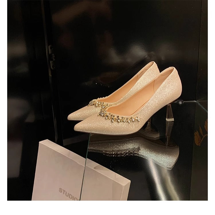 2025 Sheepskin version~ New sparkling rhinestone silk temperament small pointed tip thin heel shallow mouth wedding shoes high heels women's shoes