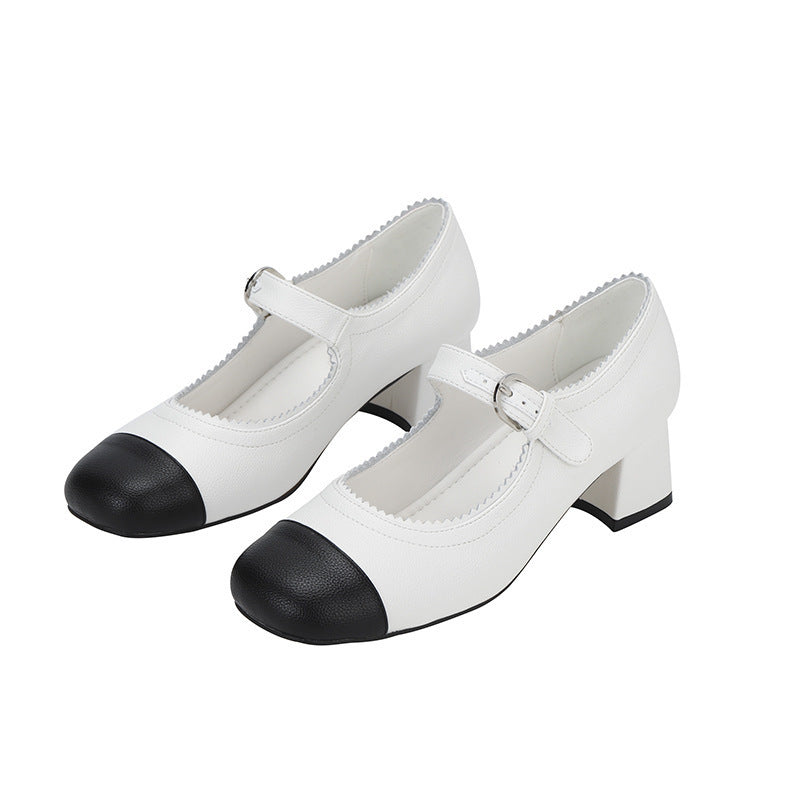 2025 Cowhide version~ High-heeled new Xiaoxiangfeng Mary Jane shoes for women's leather thick heel one-word buckle black and white color matching single shoes for women