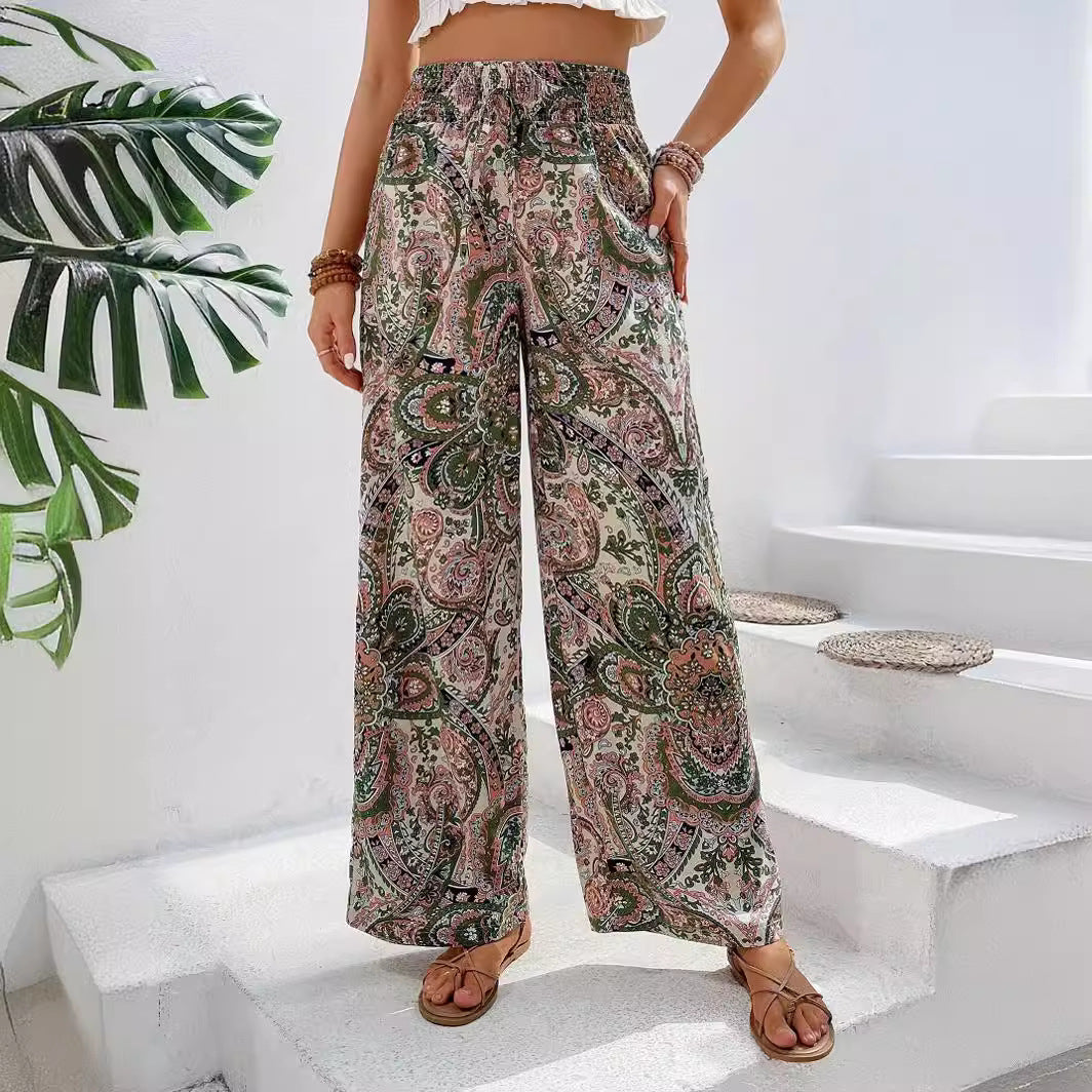 2025 Tiktoktemu women's clothing summer new fashionable versatile printed elastic waist wide-leg pants