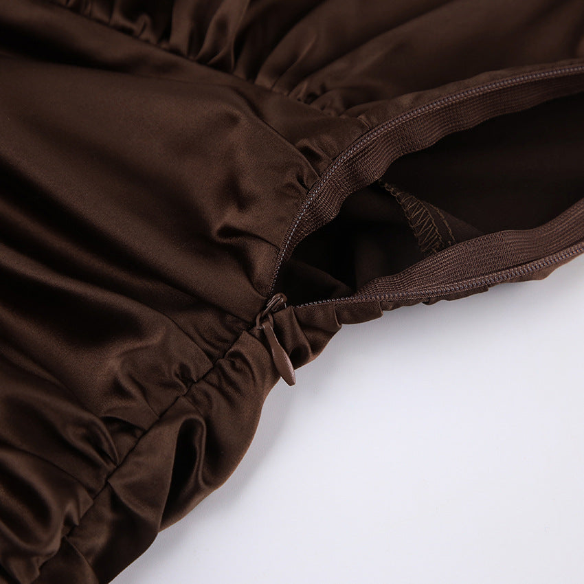 2025 light and sexy V-neck hip skirt design pleated slim dress women's autumn and winter commuter women's clothing