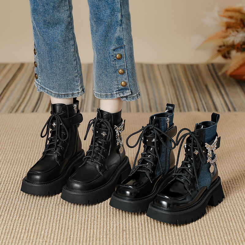 jinran shoes 2024 Autumn New Liquid Butterfly Martin Boots Thick Bottom Casual Lightweight Denim Knight Boots Women's Short Boots Women's Chunky Heel