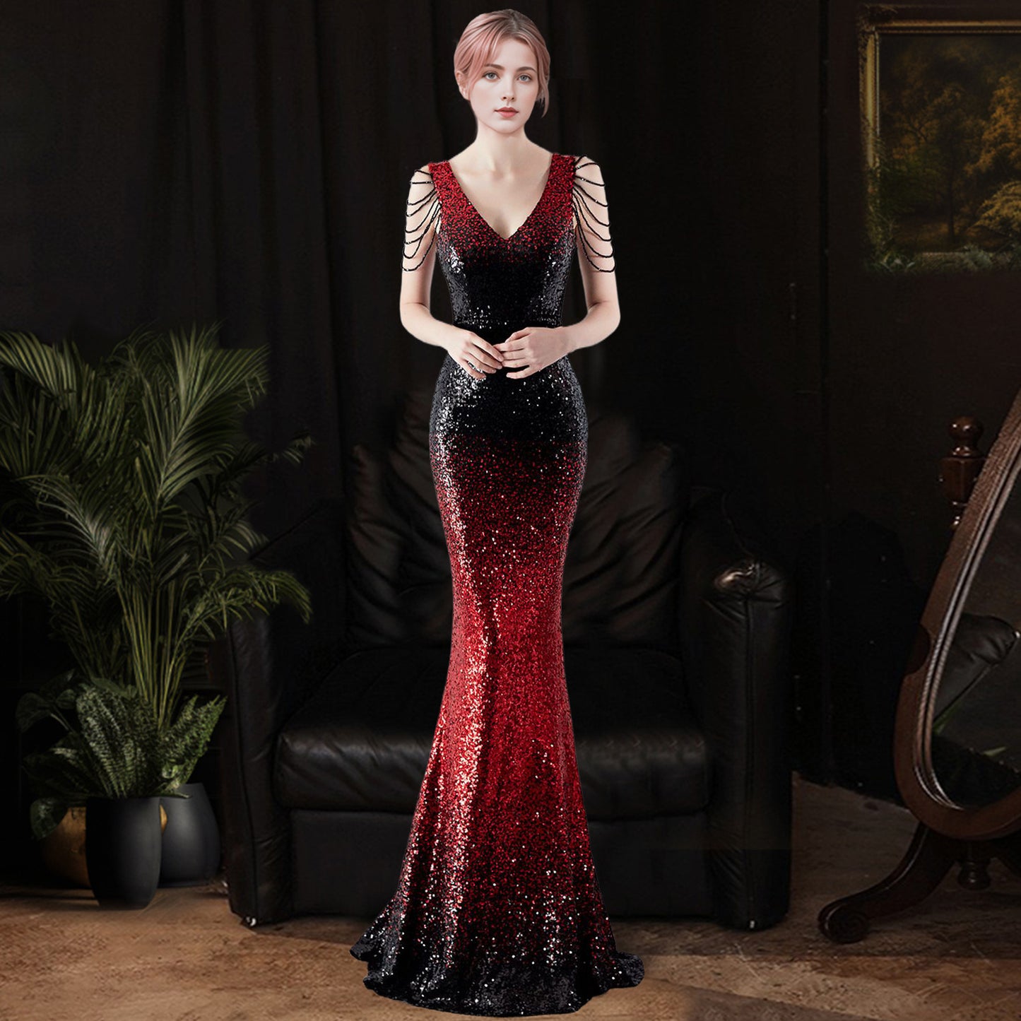 2025 Evening dress women's light luxury dinner dress temperament celebrity banquet high-end sequins fishtail long dress