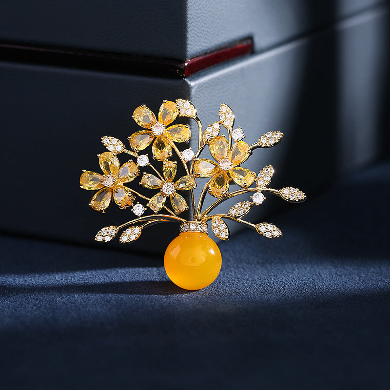 2025 Retro Chinese style high-end brooch wholesale imitation agate zircon inlaid flower blue pin autumn and winter coat accessories