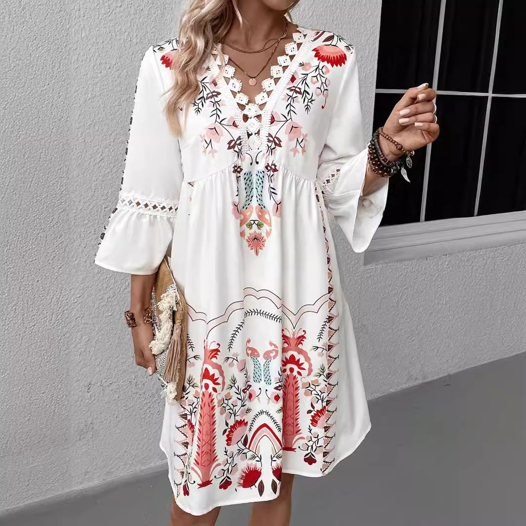 2025 Popular, , New women's clothing, summer new V-neck lace splicing casual versatile printed dress