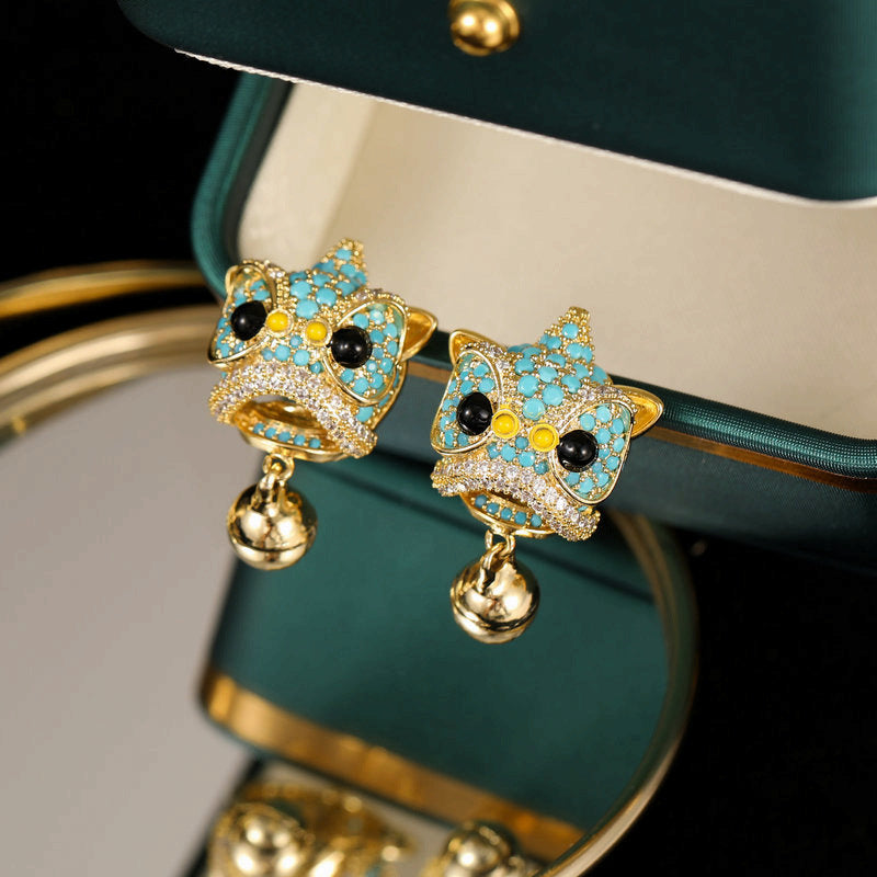 2025 Creative lion dance lion stud earrings zircon inlaid retro dynasty Chinese style personalized design bell lion head earrings