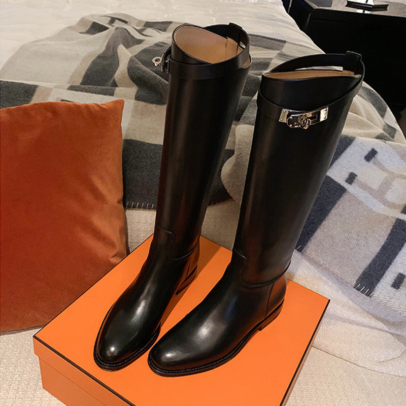 2025 Cowhide version~ Grape mother same 2025 autumn and winter new pointed thick heel knight boots commuting medium and high boots women