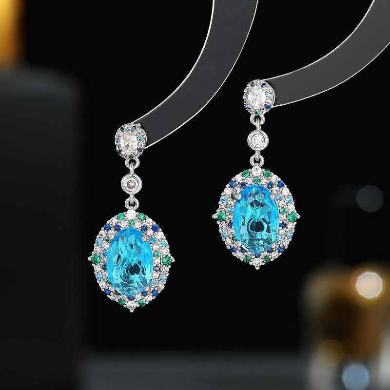 2025 S925 silver needle earrings niche temperament high-end sense micro-inlaid craft earrings wholesale full of zircon oval earrings
